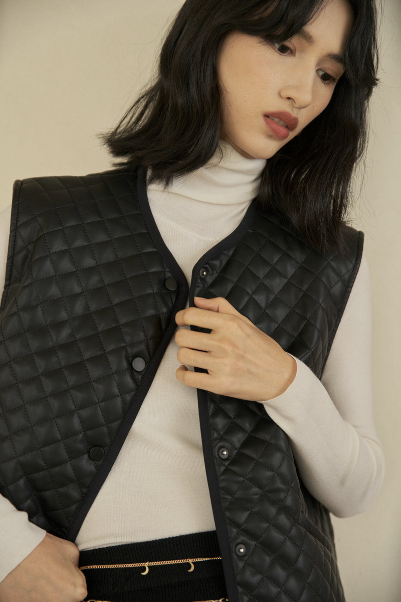 Black Quilted Vegan Leather Gilet