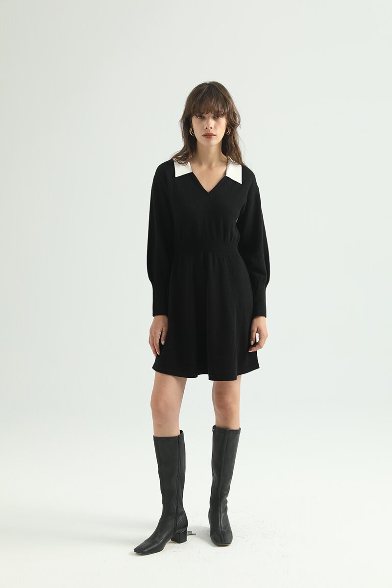 Wool Pleated Black Dress