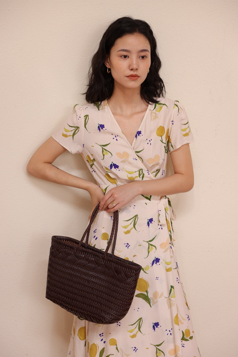 Lemon Floral Wrap Dress with short sleeves