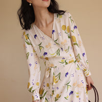 Lemon Floral Wrap Dress with long sleeves