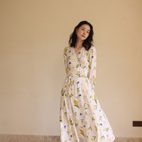 Lemon Floral Wrap Dress with long sleeves