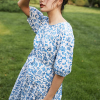 Cotton Blue Floral Round-neck Dress