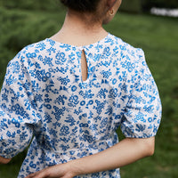 Cotton Blue Floral Round-neck Dress